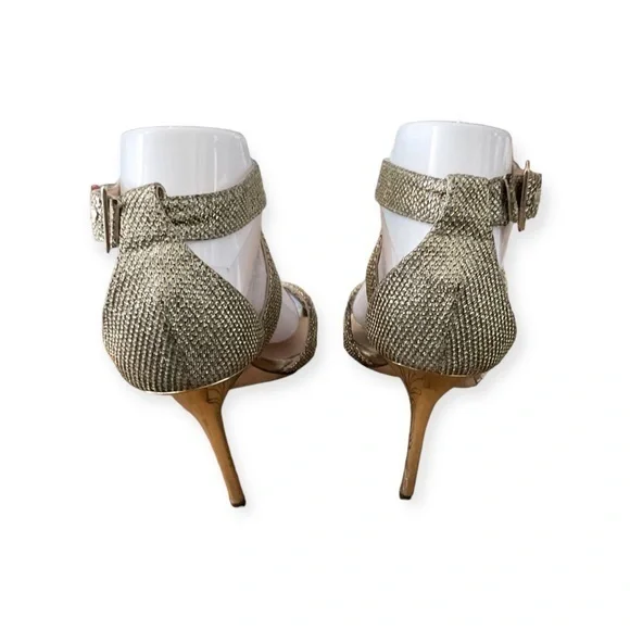 Women’s Jimmy Choo “Lottie” glitter cross cross strap heels, size 38 (7.5 in US)